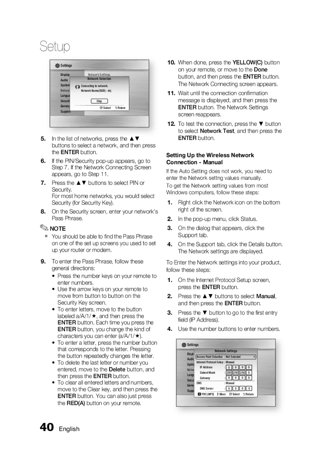 Samsung AH68-02255S, HT-C6530 user manual Setting Up the Wireless Network Connection Manual 