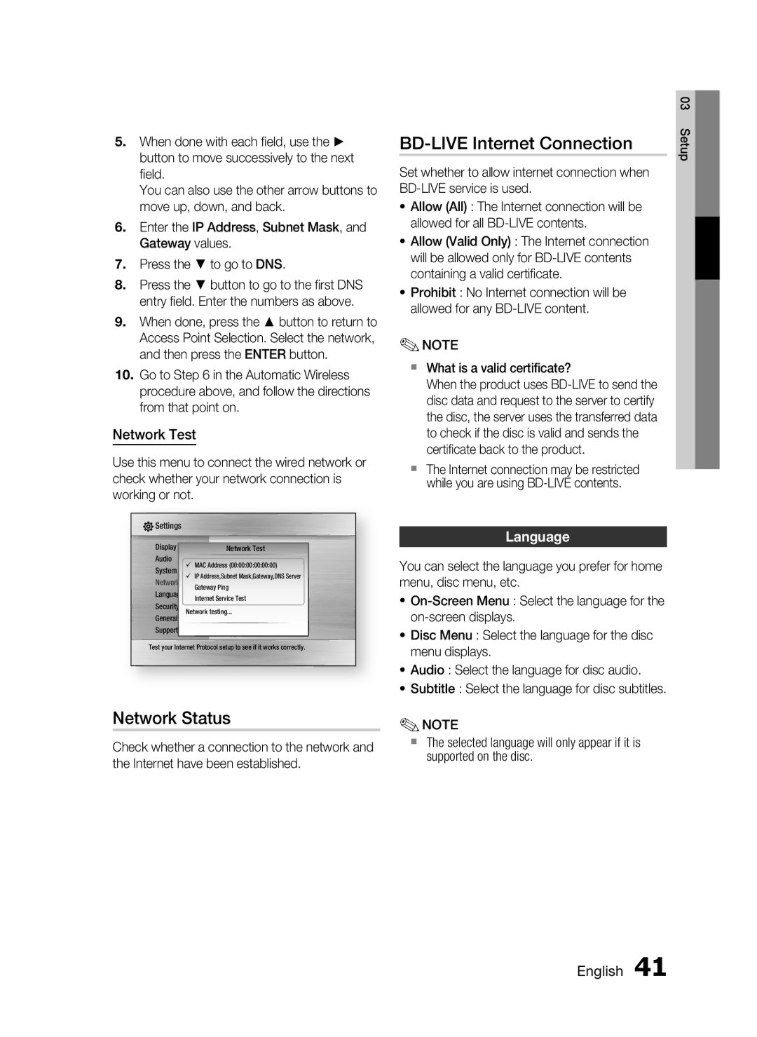 Samsung HT-C6530, AH68-02255S BD-LIVE Internet Connection, Network Status, Network Test, Language, On-screen displays 