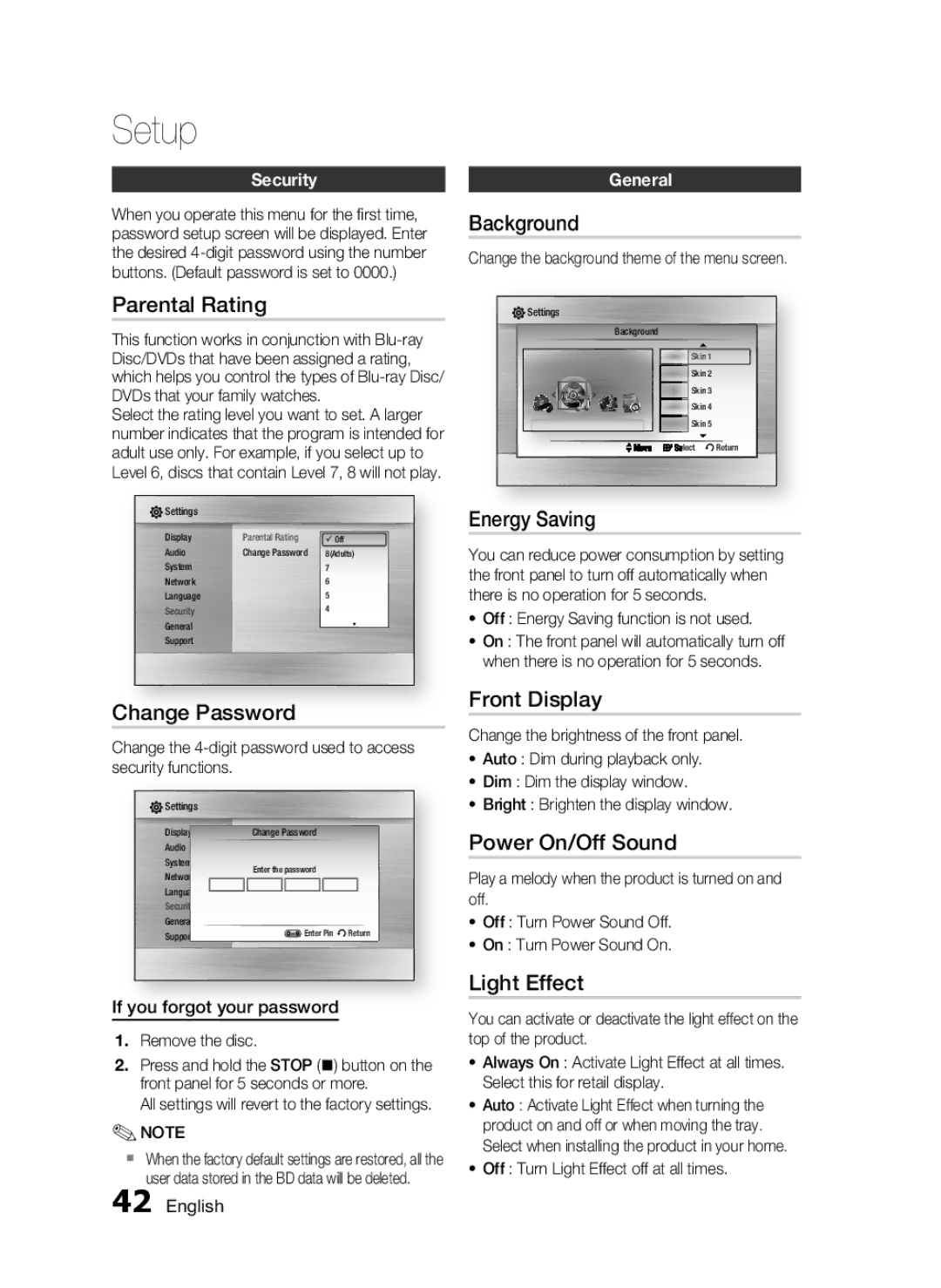 Samsung AH68-02255S Parental Rating, Change Password, Background, Energy Saving, Front Display, Power On/Off Sound 