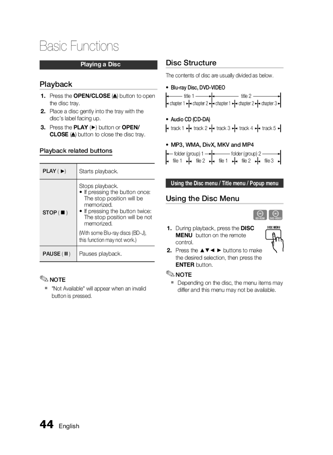 Samsung AH68-02255S, HT-C6530 user manual Basic Functions, Playback, Disc Structure, Using the Disc Menu 