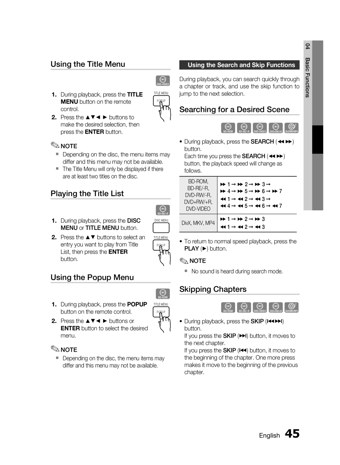 Samsung HT-C6530 Using the Title Menu, Playing the Title List, Using the Popup Menu, Searching for a Desired Scene 