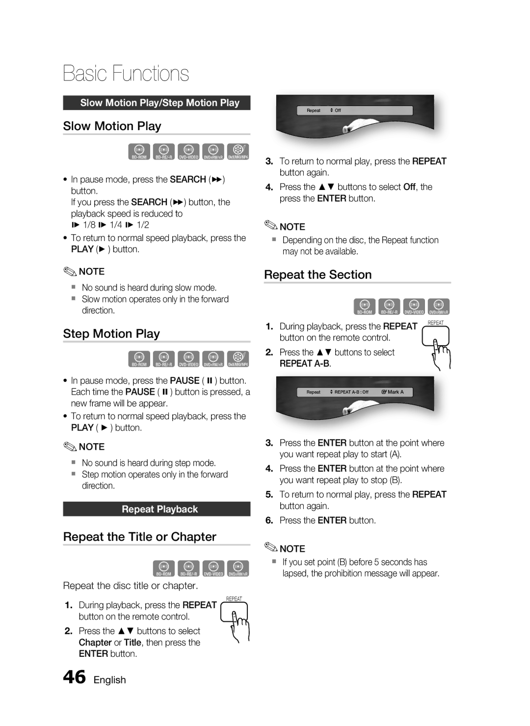 Samsung AH68-02255S, HT-C6530 Slow Motion Play, Step Motion Play, Repeat the Title or Chapter, Repeat the Section 