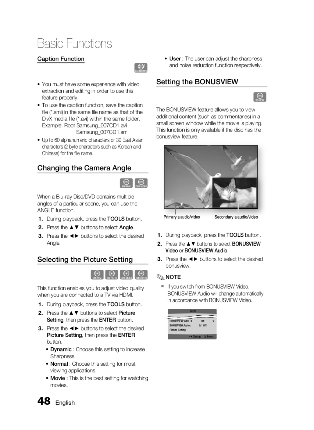 Samsung AH68-02255S Changing the Camera Angle, Selecting the Picture Setting, Setting the Bonusview, Caption Function 