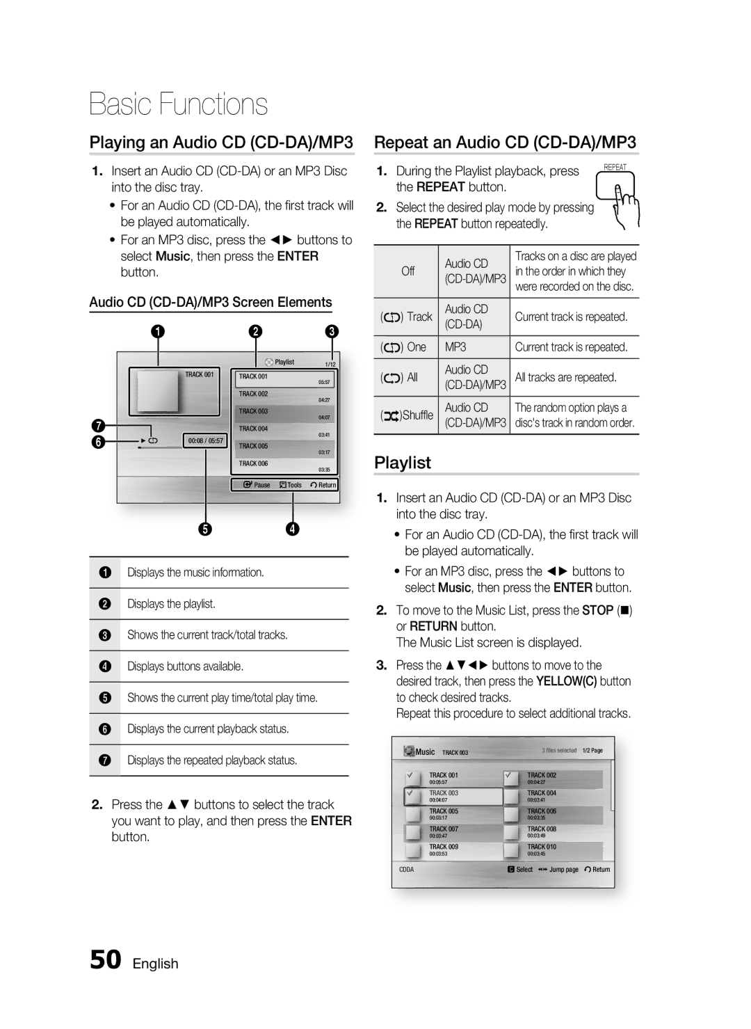 Samsung AH68-02255S, HT-C6530 user manual Playing an Audio CD CD-DA/MP3, Repeat an Audio CD CD-DA/MP3, Playlist 