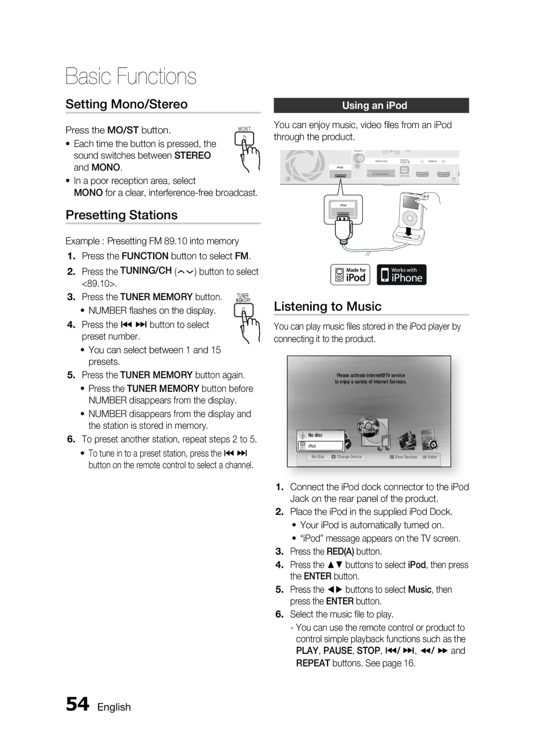 Samsung AH68-02255S, HT-C6530 user manual Setting Mono/Stereo, Presetting Stations, Listening to Music, Using an iPod 