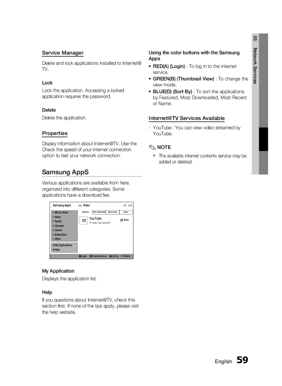 Samsung HT-C6530, AH68-02255S user manual Samsung AppS, Service Manager, Properties, Internet@TV Services Available 