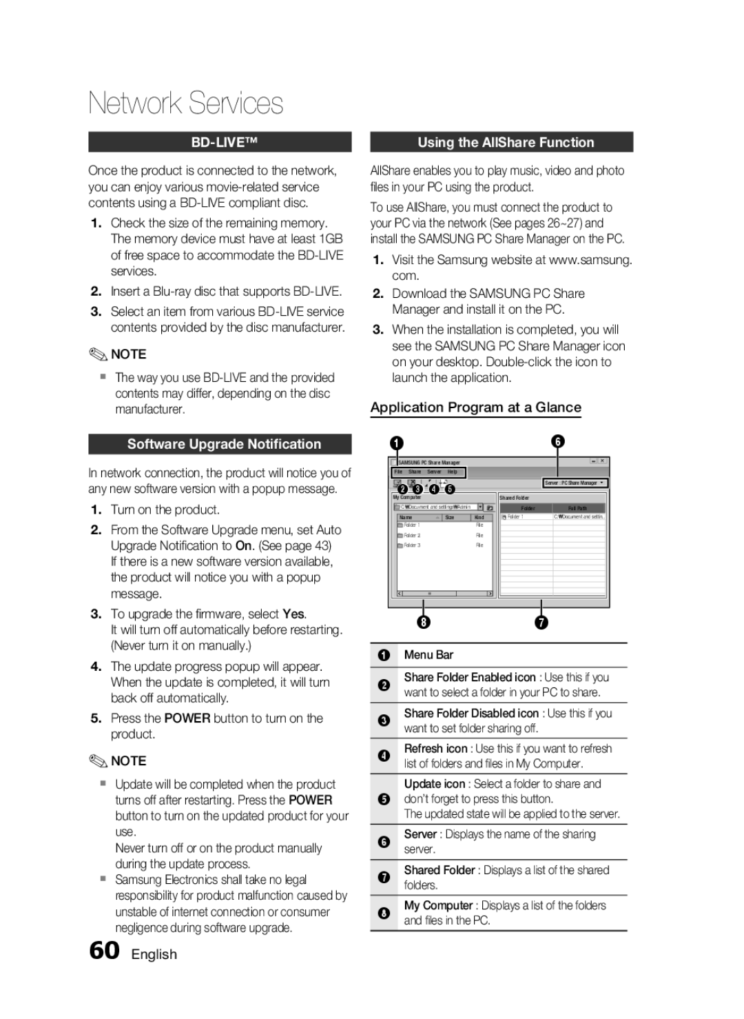 Samsung AH68-02255S, HT-C6530 user manual Software Upgrade Notiﬁcation, Application Program at a Glance, Menu Bar 