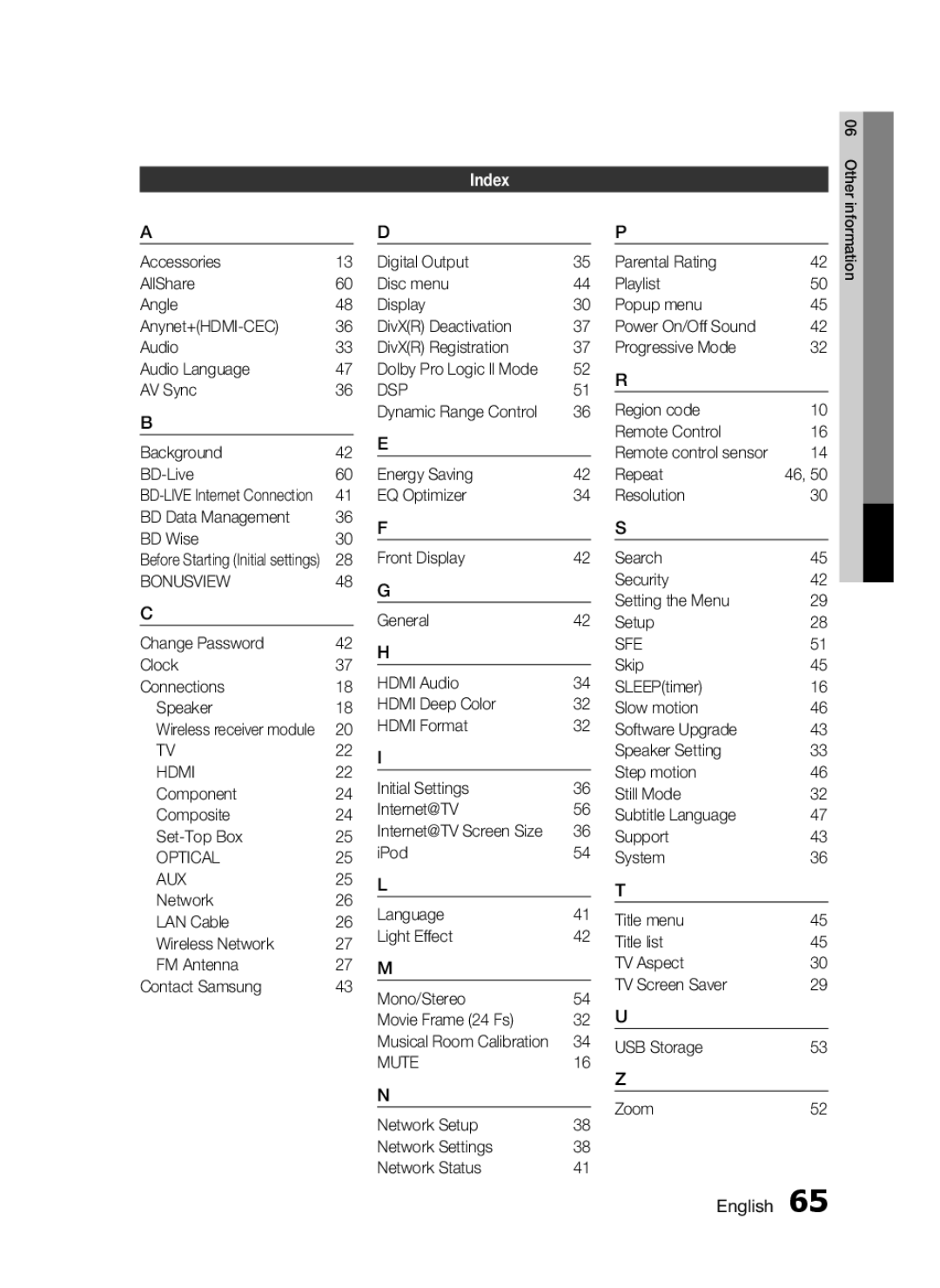 Samsung HT-C6530, AH68-02255S user manual Index 