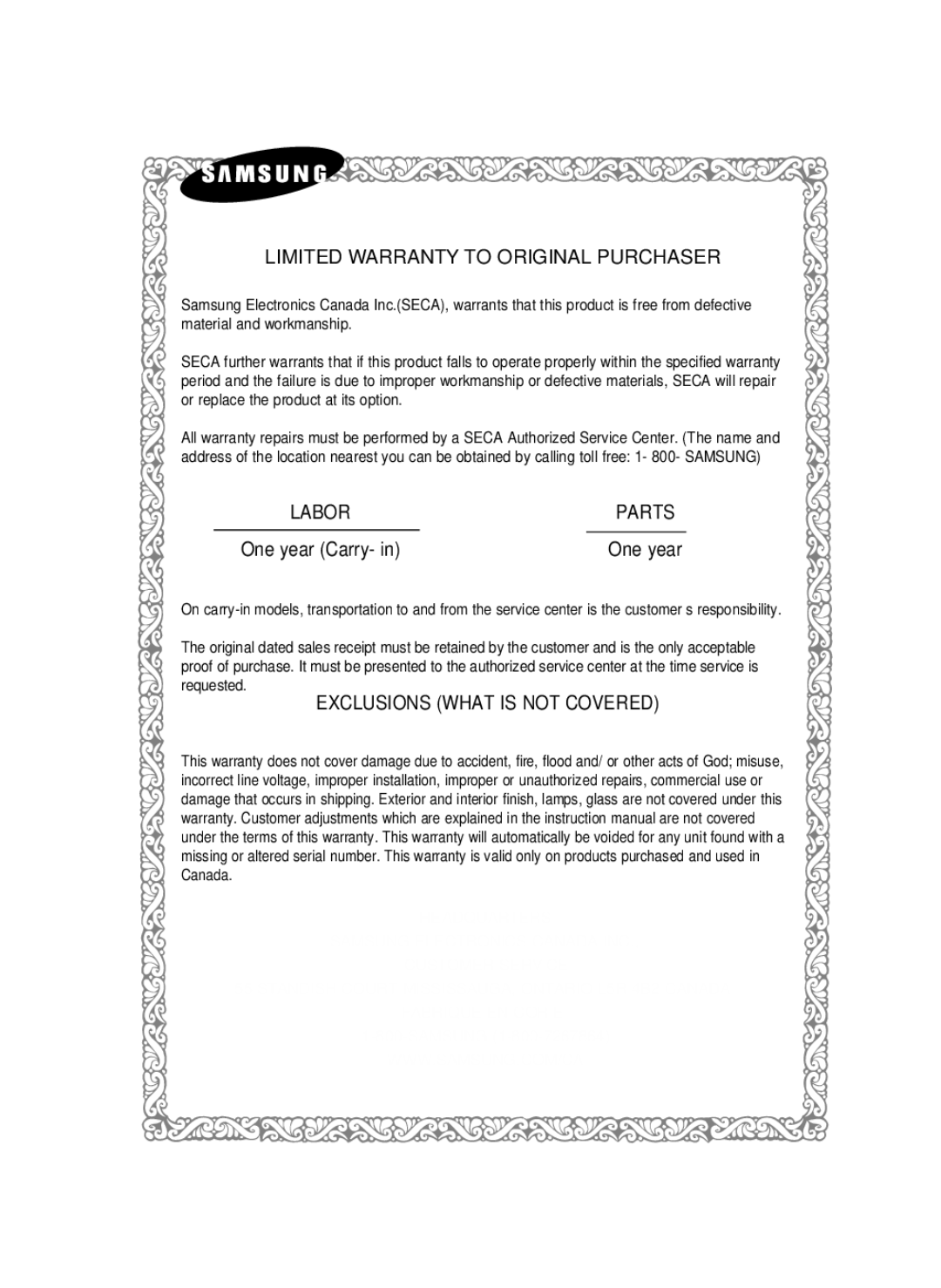 Samsung HT-C6530, AH68-02255S user manual Limited Warranty to Original Purchaser 