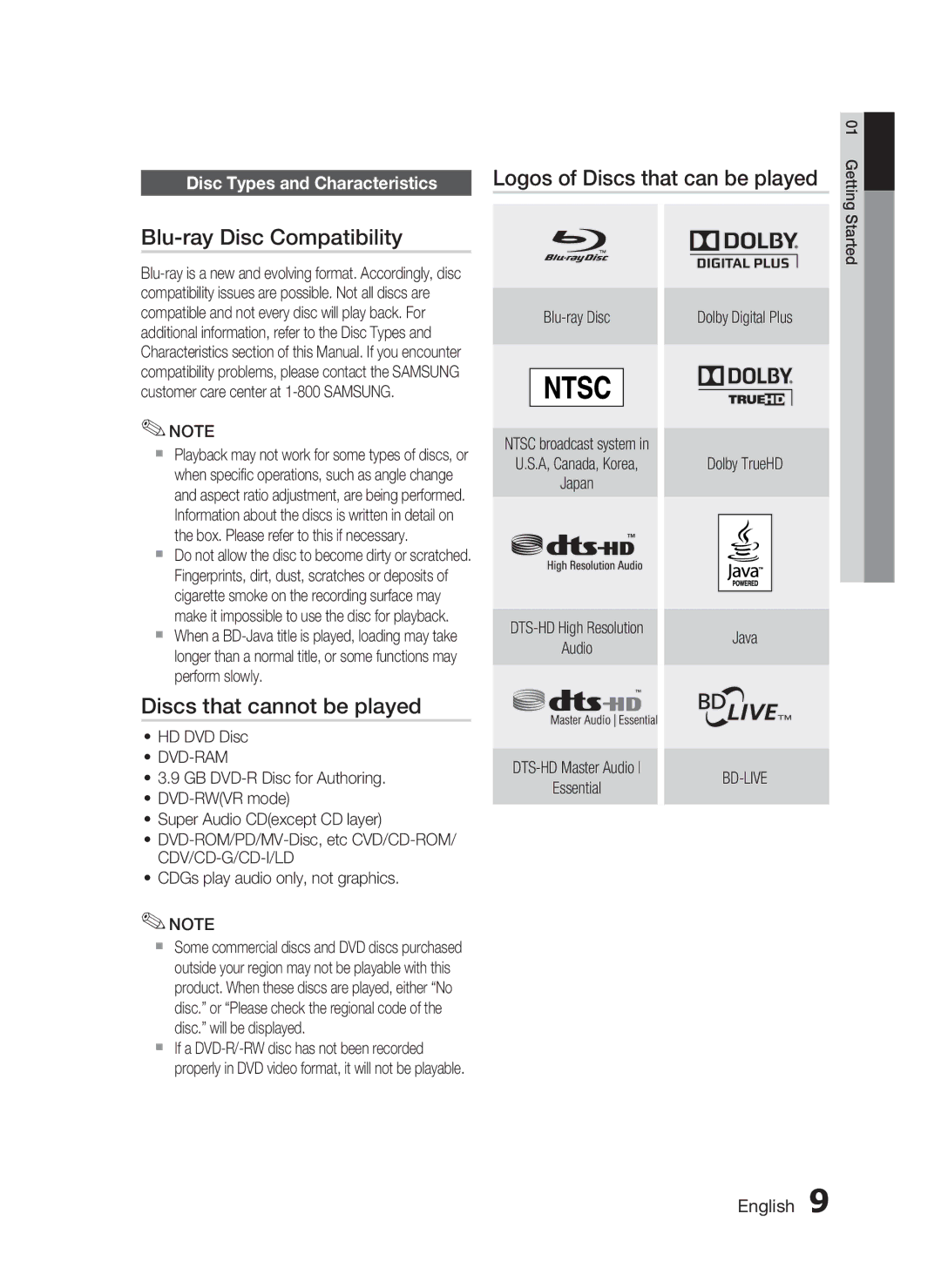 Samsung HT-C6530 Blu-ray Disc Compatibility, Discs that cannot be played, Disc Types and Characteristics, Dvd-Ram, Bd-Live 