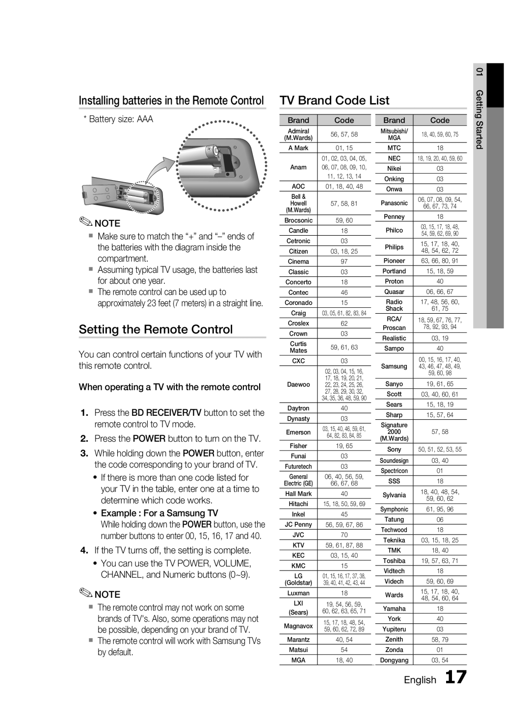Samsung HT-C6530 TV Brand Code List, Setting the Remote Control, Installing batteries in the Remote Control, English 