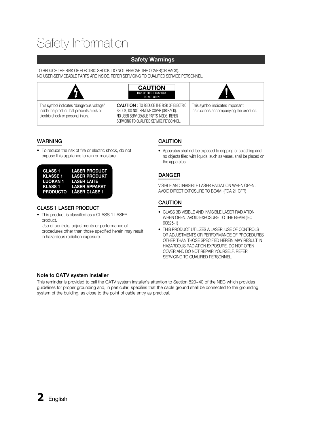 Samsung AH68-02255S Safety Information, Safety Warnings, English, Note to CATV system installer, Class, Klasse, Luokan 