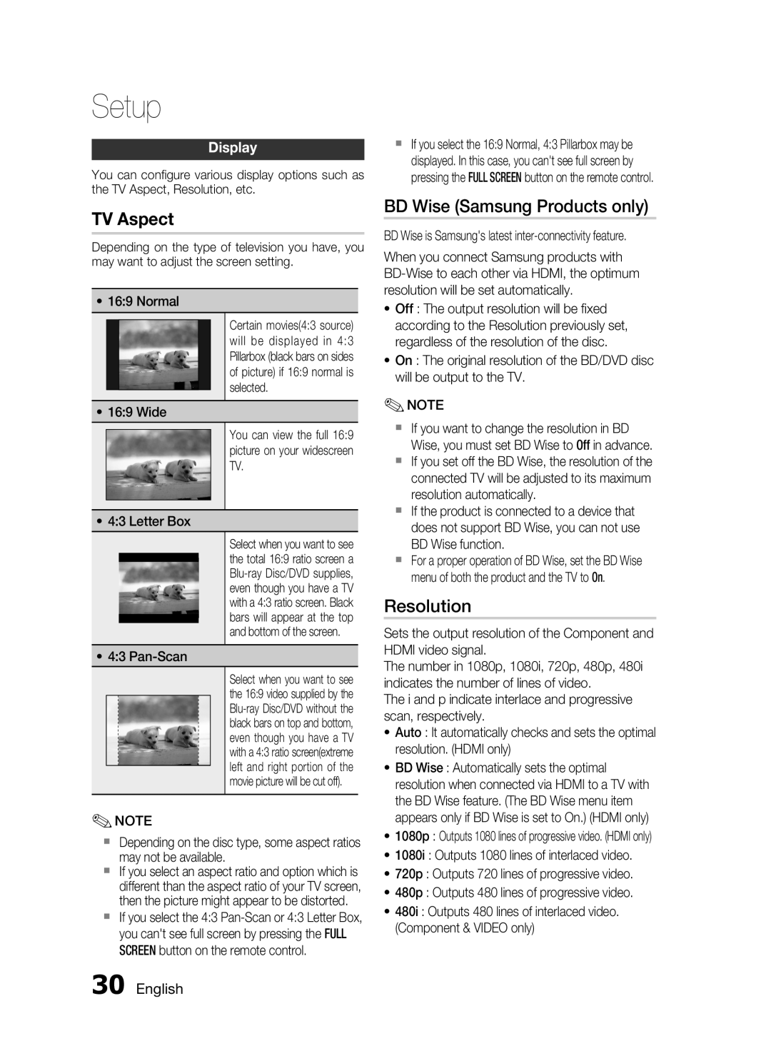 Samsung AH68-02255S, HT-C6530 user manual TV Aspect, BD Wise Samsung Products only, Resolution, Display, English, Setup 
