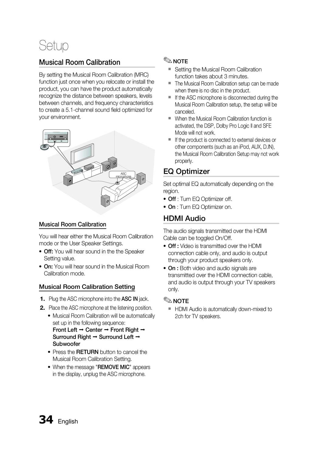 Samsung AH68-02255S, HT-C6530 user manual EQ Optimizer, HDMI Audio, Musical Room Calibration Setting, English, Setup 