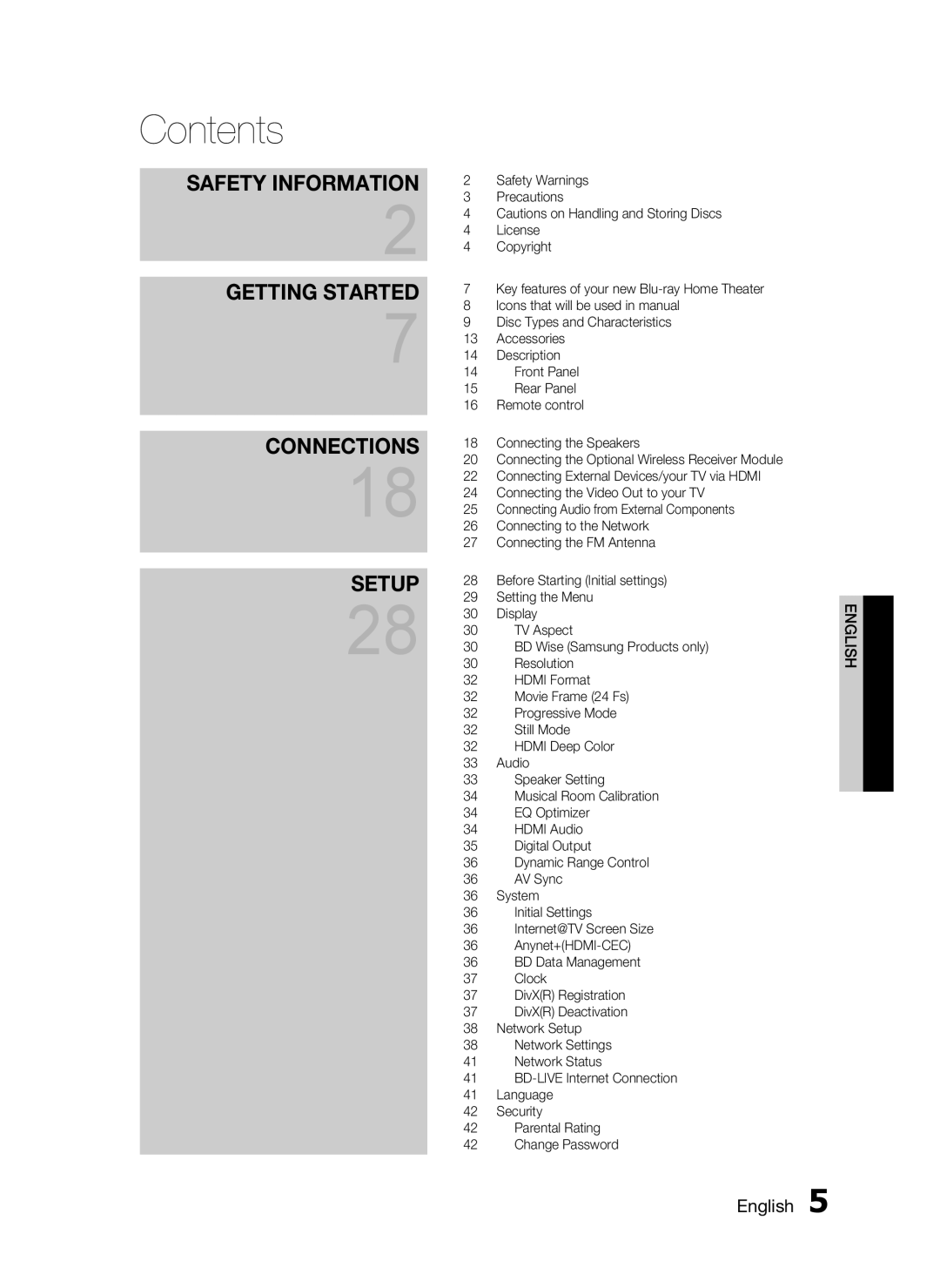 Samsung HT-C6530, AH68-02255S user manual Contents, Getting Started, Connections, Setup, Safety Information, English 