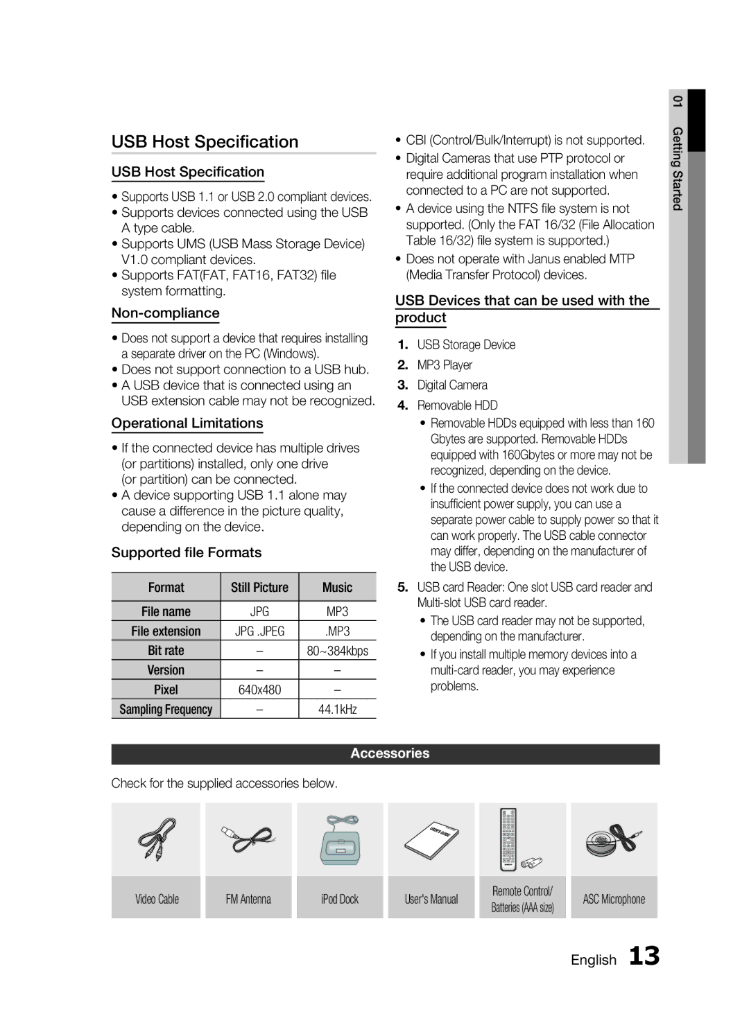 Samsung HT-C5530, AH68-02256G user manual USB Host Speciﬁcation, Accessories 