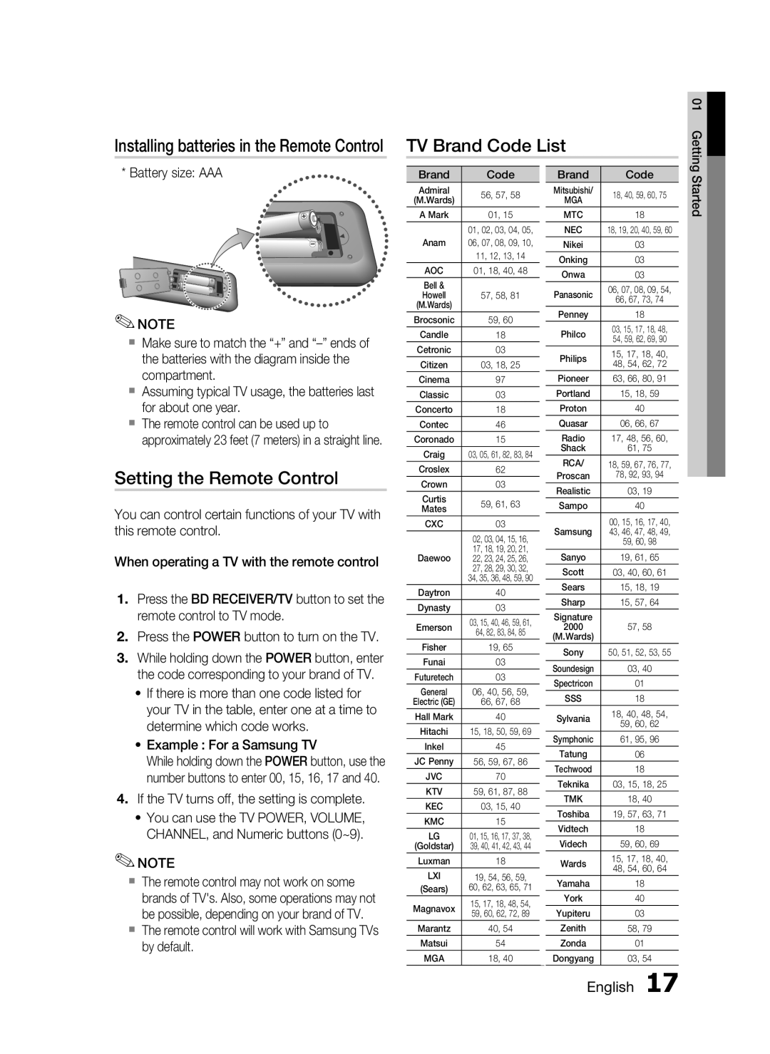 Samsung HT-C5530, AH68-02256G TV Brand Code List, Setting the Remote Control, If the TV turns off, the setting is complete 