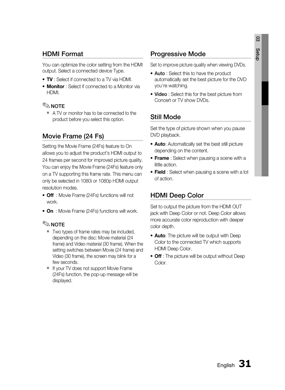 Samsung HT-C5530, AH68-02256G user manual Hdmi Format, Movie Frame 24 Fs, Progressive Mode, Still Mode, Hdmi Deep Color 