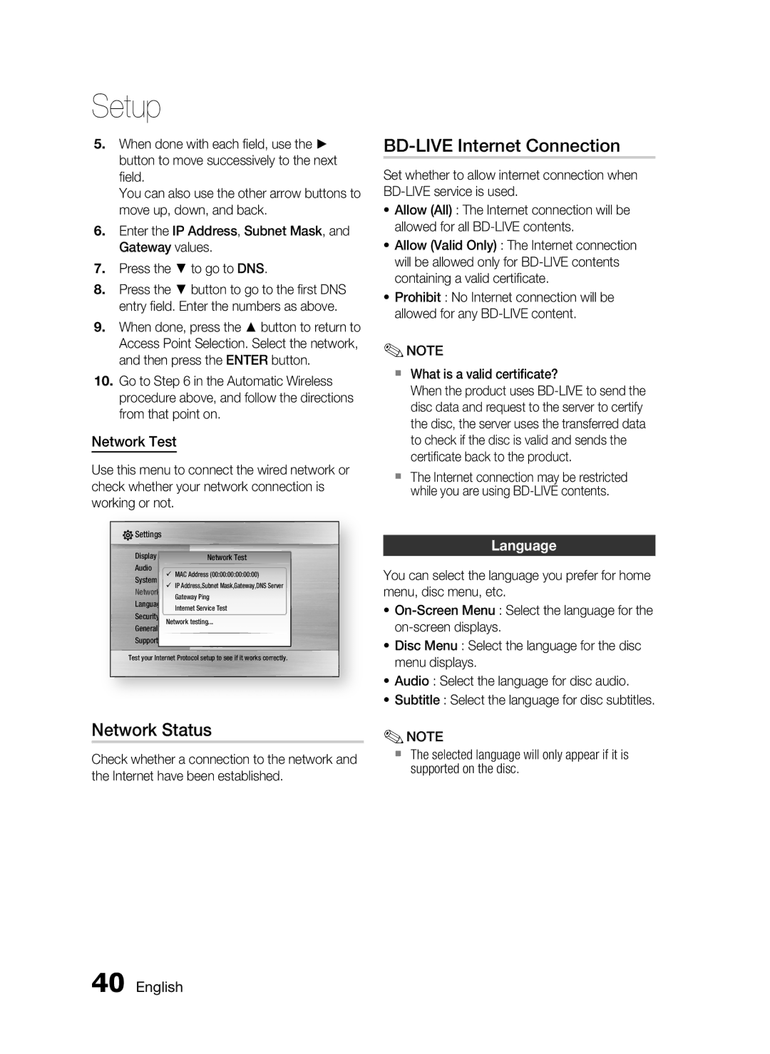 Samsung AH68-02256G, HT-C5530 BD-LIVE Internet Connection, Network Status, Network Test, Language, On-screen displays 