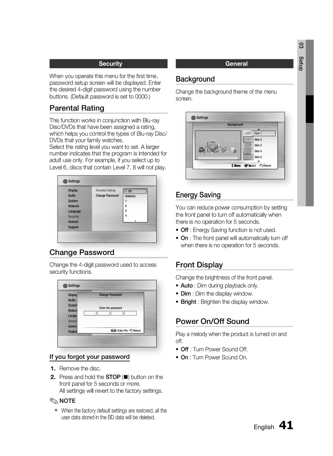 Samsung HT-C5530 user manual Parental Rating, Change Password, Background, Energy Saving, Front Display, Power On/Off Sound 