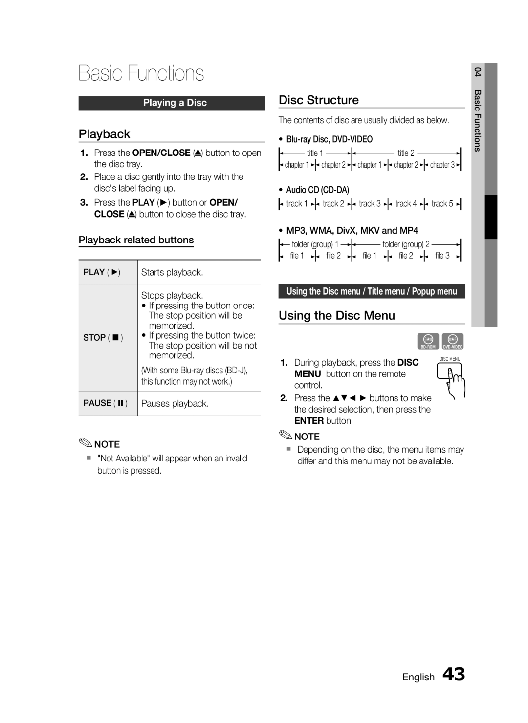 Samsung HT-C5530, AH68-02256G user manual Basic Functions, Playback, Disc Structure, Using the Disc Menu, Playing a Disc 