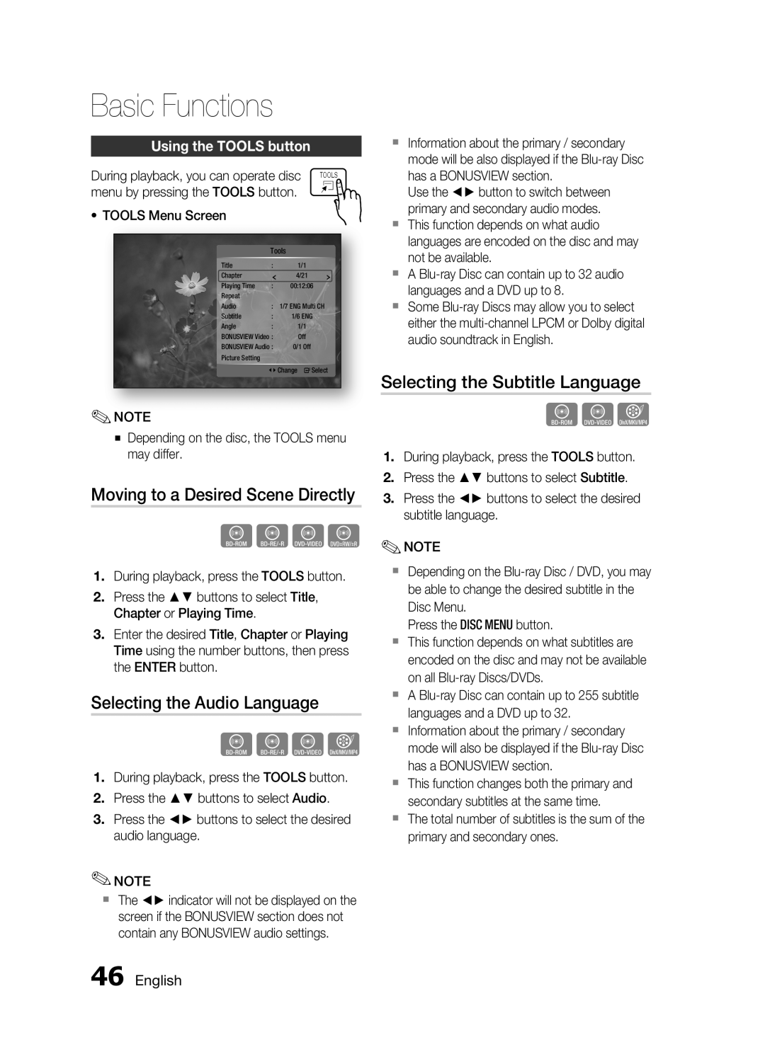 Samsung AH68-02256G Moving to a Desired Scene Directly, Selecting the Audio Language, Selecting the Subtitle Language 