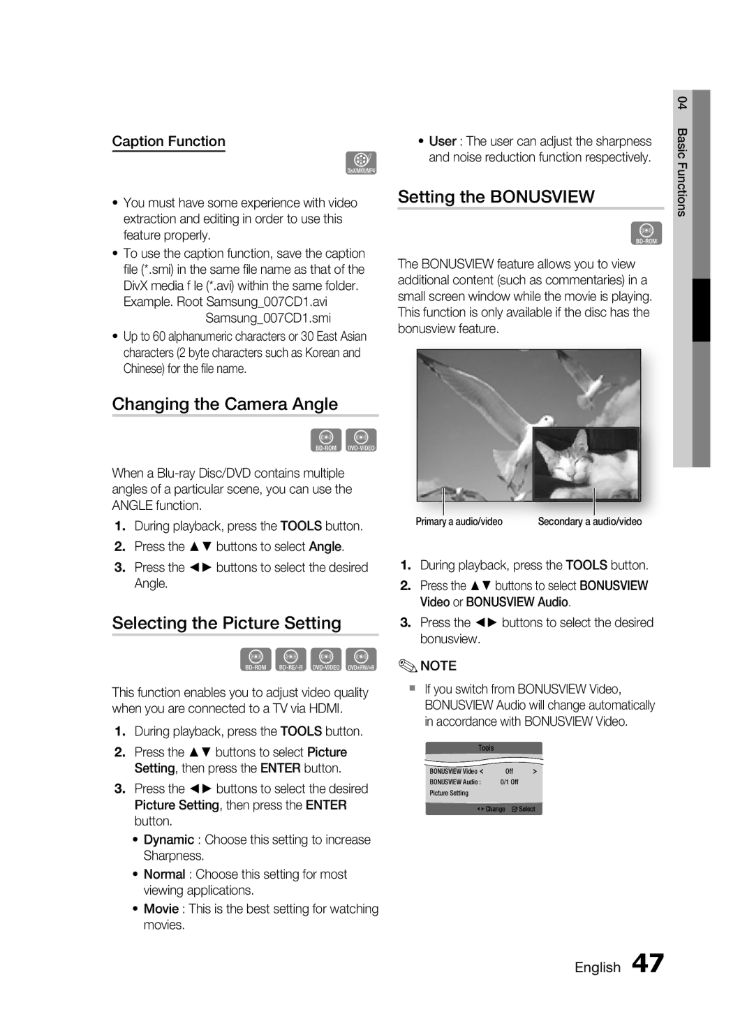 Samsung HT-C5530 Changing the Camera Angle, Selecting the Picture Setting, Setting the Bonusview, Caption Function 