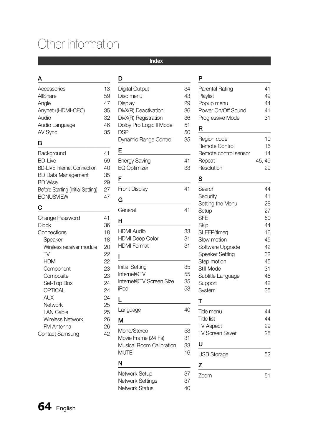 Samsung AH68-02256G, HT-C5530 user manual Index 