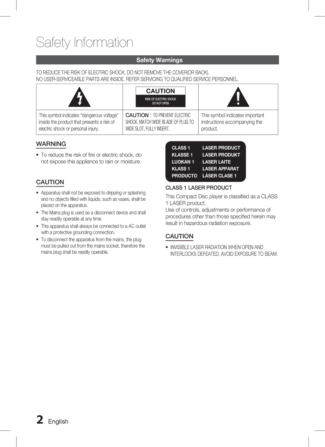 Samsung HT-C455, HT-C450 Safety Information, Safety Warnings,  English, Wide SLOT, Fully Insert, Class 1 Laser Product 