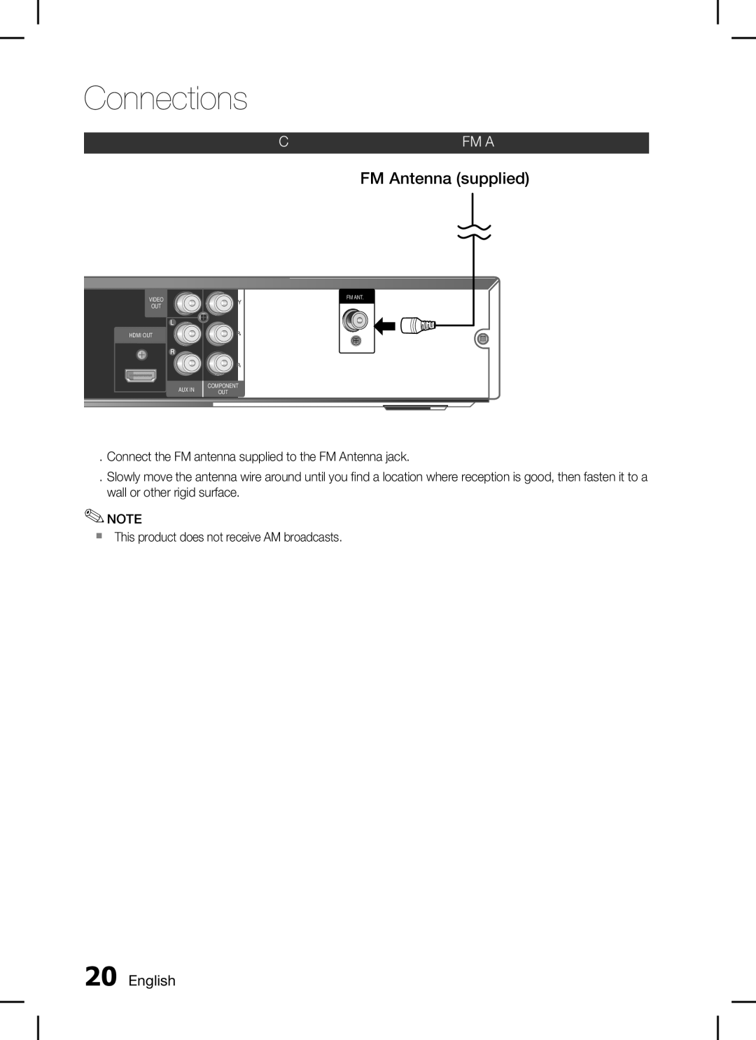 Samsung AH68-02259K, HT-C450, HT-C455, HT-C453 user manual FM Antenna supplied, Connecting the fm Antenna, 0 English 