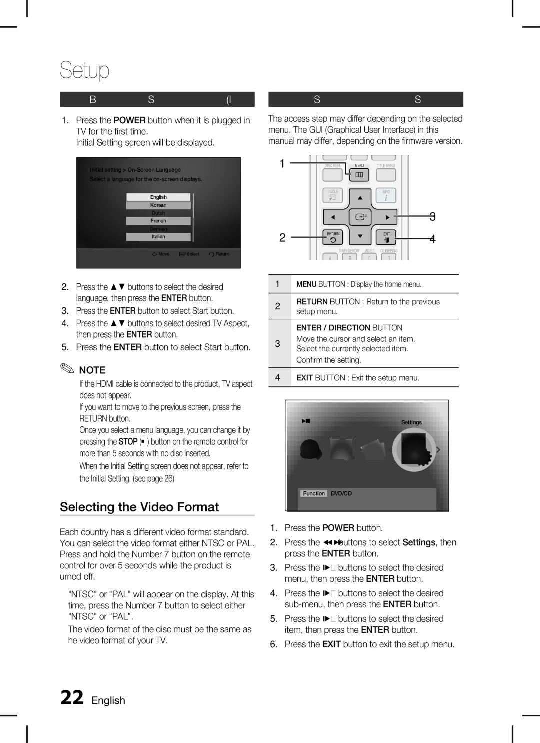 Samsung HT-C455 Selecting the Video Format, Before Starting Initial Setting, Setting the Setup menu,  English 