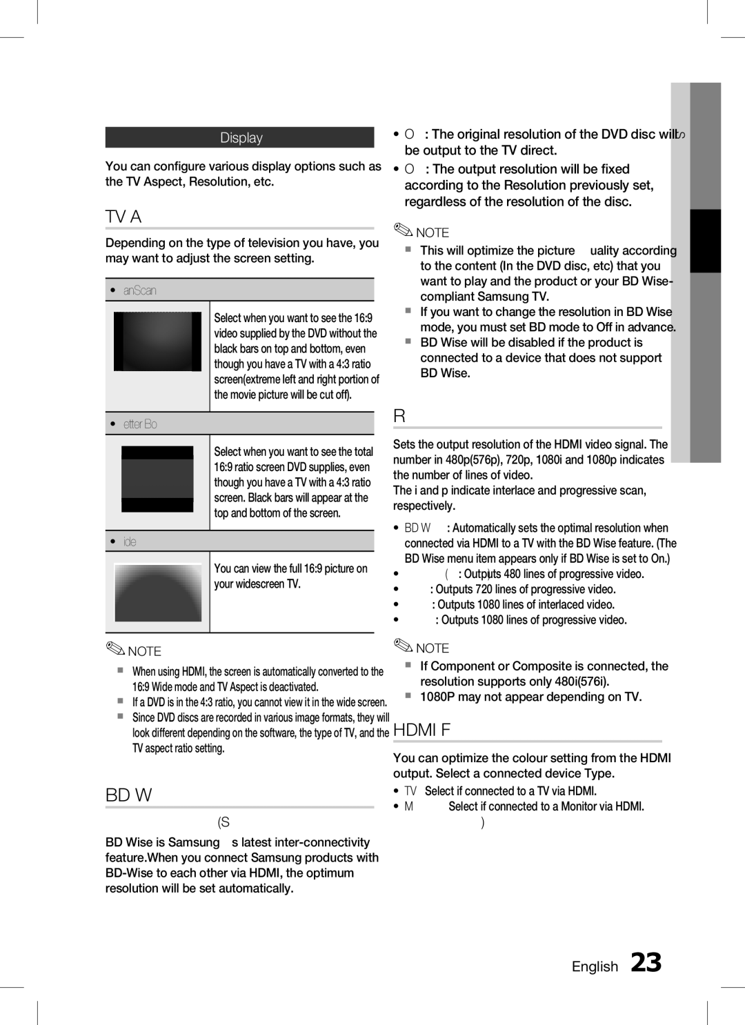 Samsung HT-C453, AH68-02259K, HT-C450, HT-C455 user manual TV Aspect, BD Wise, Resolution, Hdmi Format, Display 