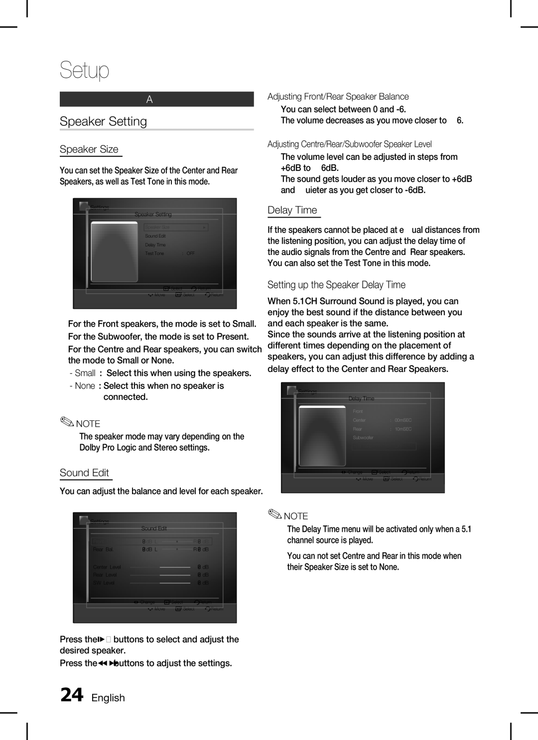 Samsung AH68-02259K, HT-C450, HT-C455, HT-C453 user manual Speaker Setting, Audio 