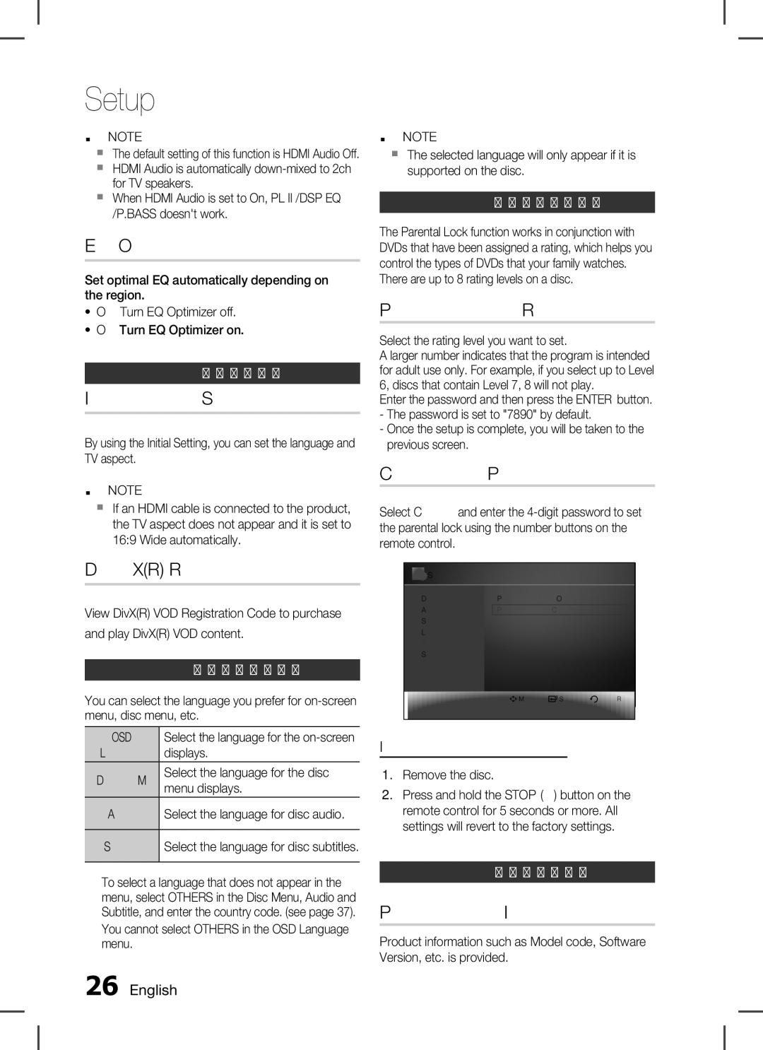 Samsung HT-C455 EQ Optimizer, Initial Setting, DivXR Registration, Parental Rating, Change Password, Product Information 