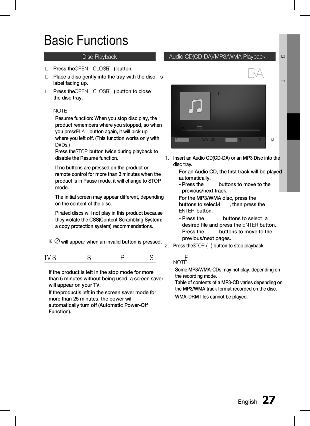 Samsung HT-C453 Basic Functions, TV Screen Saver/Power Saving Function, Disc Playback, Audio CDCD-DA/MP3/WMA Playback 