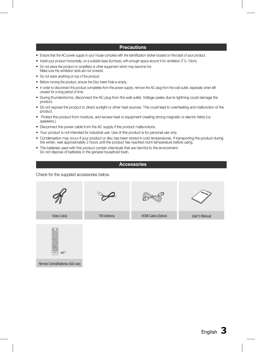 Samsung HT-C453, AH68-02259K, HT-C450, HT-C455 Precautions, Accessories, English , Check for the supplied accessories below 