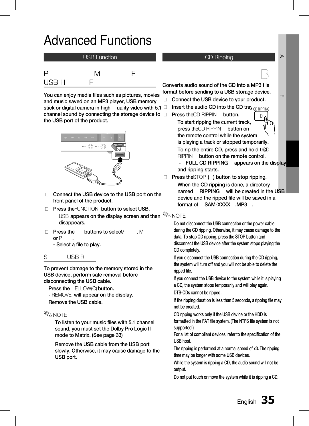 Samsung HT-C453 Playing Media Files using the USB Host Feature, USB function, Safe USB Removal, CD ripping, English  