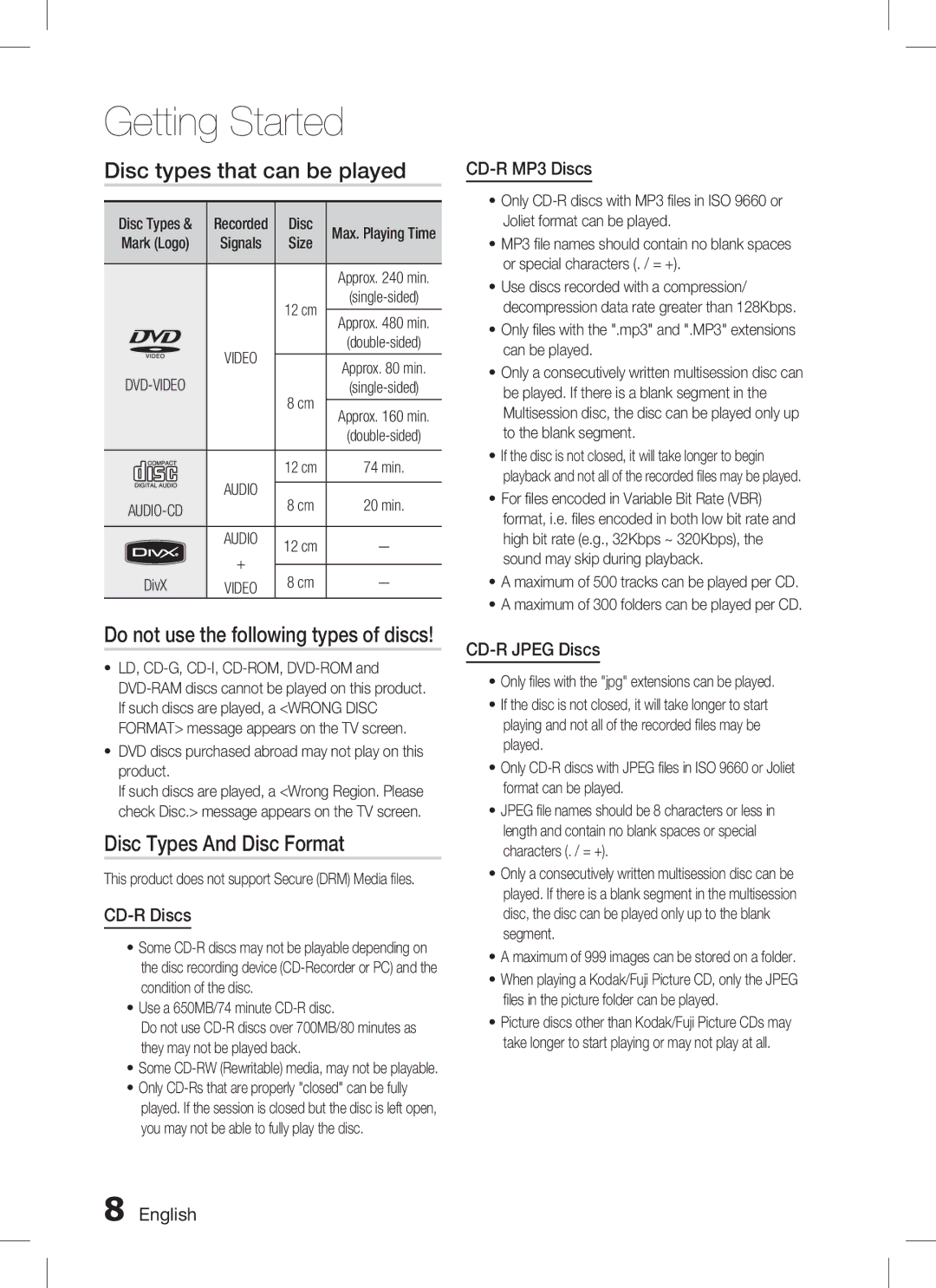 Samsung AH68-02259K Disc types that can be played, Disc Types And Disc Format, Do not use the following types of discs 