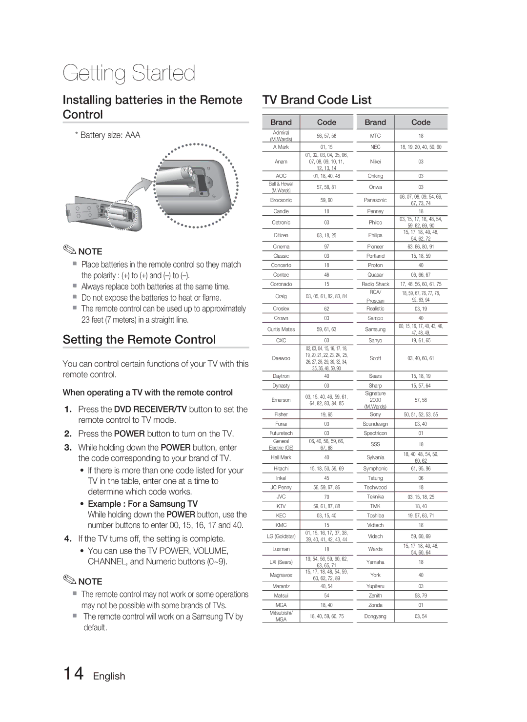 Samsung AH68-02259Q user manual Setting the Remote Control, Battery size AAA,  Do not expose the batteries to heat or ﬂame 