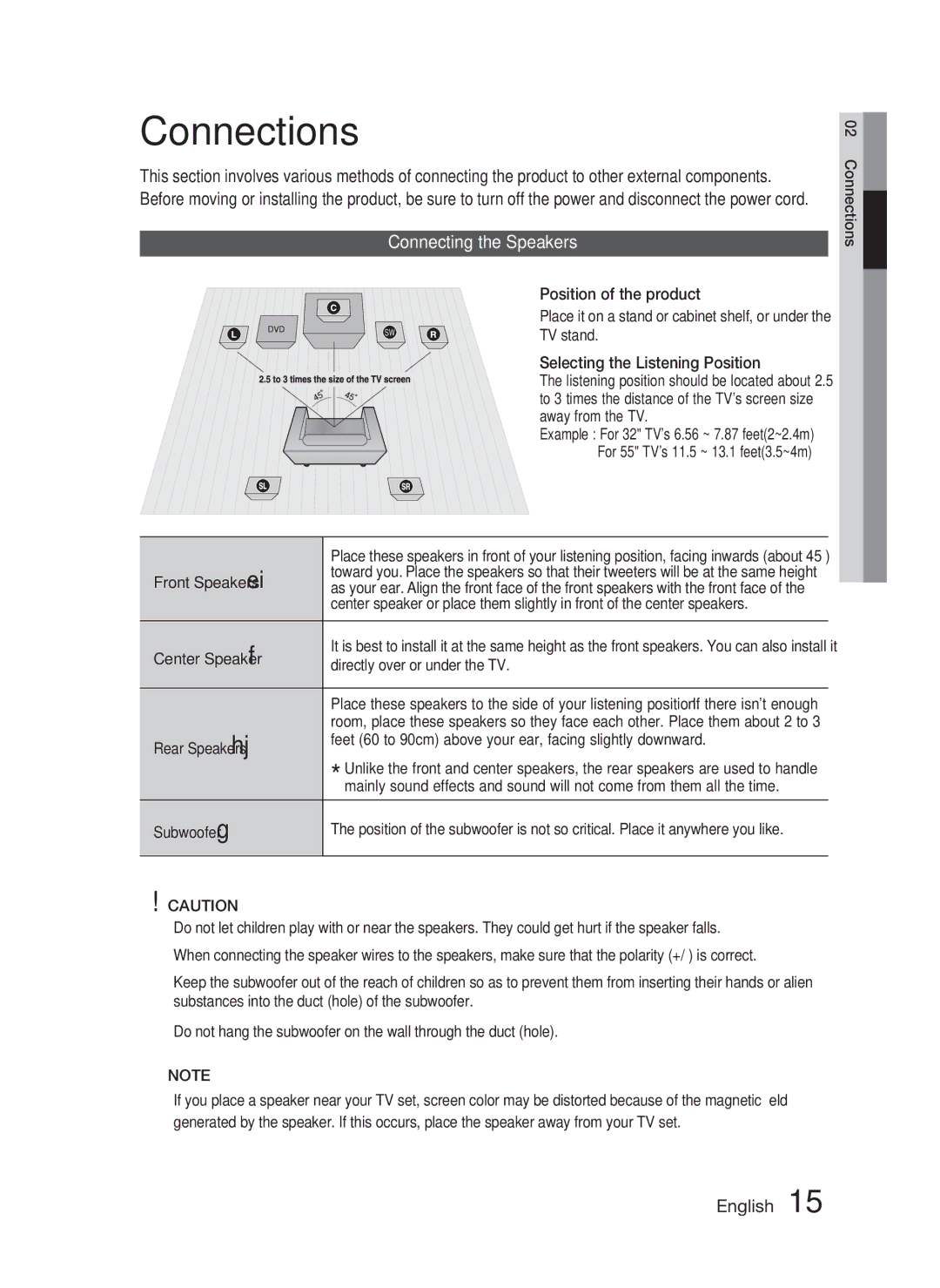 Samsung HT-C463-XAC, AH68-02259Q user manual Connections, Connecting the Speakers 