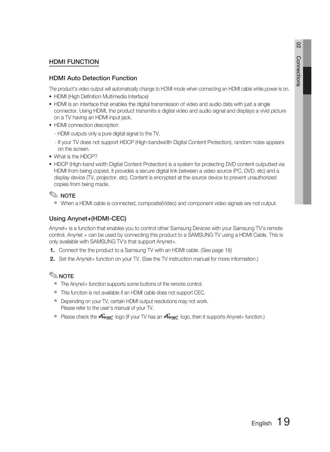 Samsung HT-C463-XAC, AH68-02259Q user manual Hdmi Auto Detection Function, Using Anynet+HDMI-CEC 