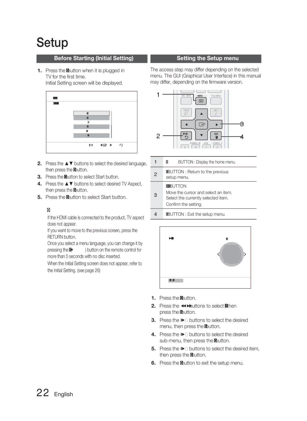 Samsung AH68-02259Q, HT-C463-XAC user manual Setup, Before Starting Initial Setting 