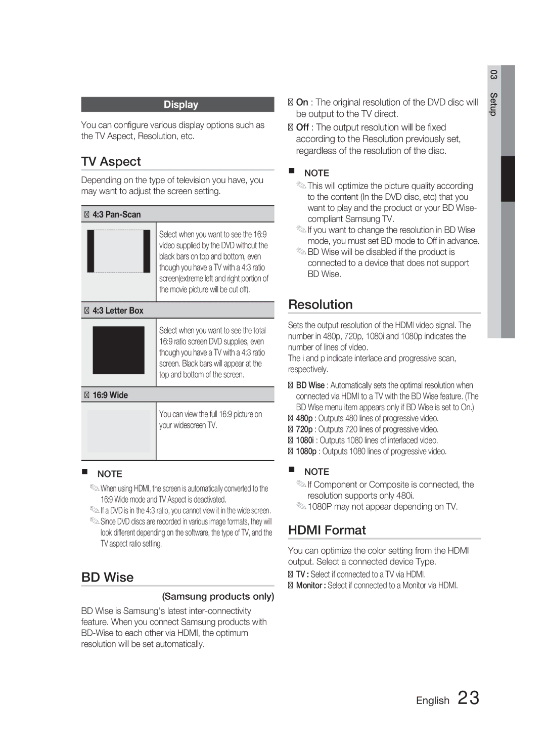 Samsung HT-C463-XAC, AH68-02259Q user manual TV Aspect, BD Wise, Resolution, Hdmi Format, Display 