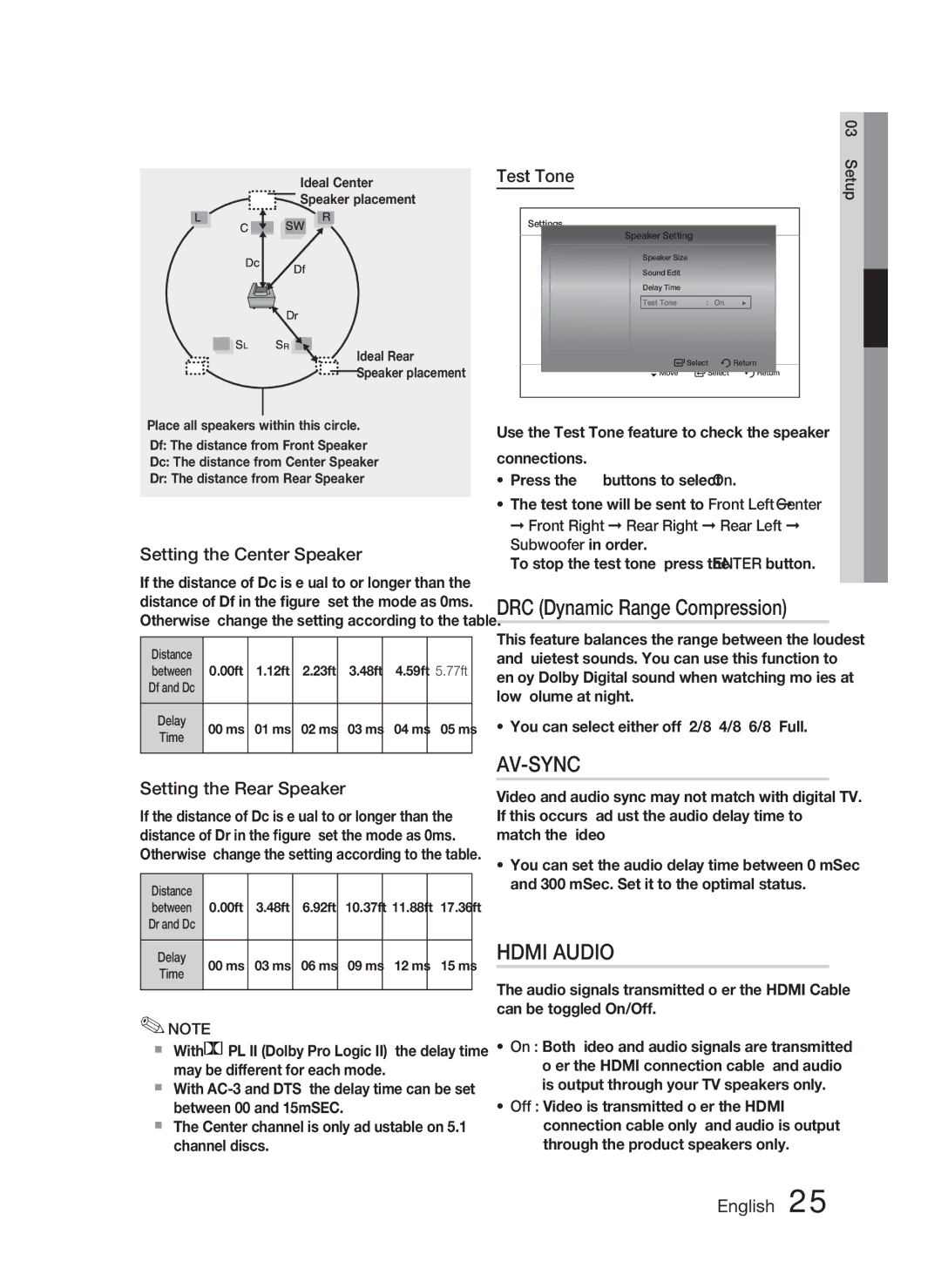 Samsung HT-C463-XAC, AH68-02259Q DRC Dynamic Range Compression, Setting the Center Speaker, Setting the Rear Speaker 