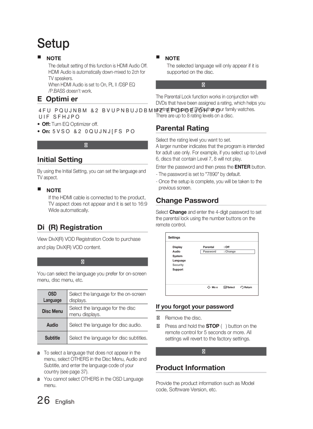 Samsung AH68-02259Q, HT-C463-XAC EQ Optimizer, Initial Setting, DivXR Registration, Parental Rating, Change Password 