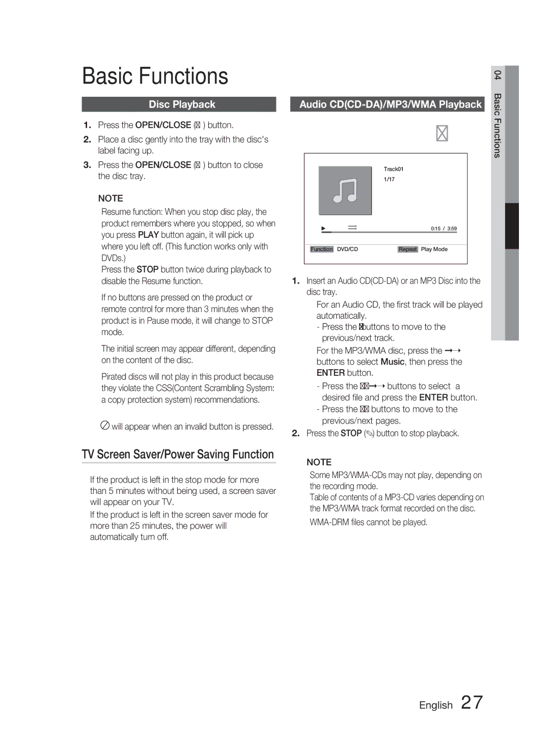 Samsung HT-C463-XAC Basic Functions, Disc Playback, Audio CDCD-DA/MP3/WMA Playback,  WMA-DRM ﬁles cannot be played 