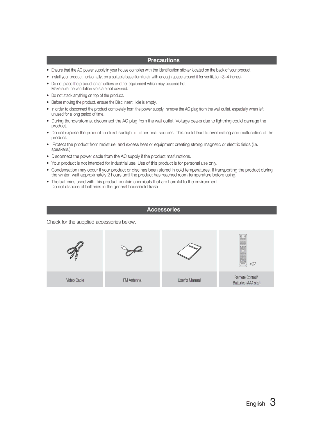 Samsung HT-C463-XAC, AH68-02259Q user manual Precautions, Accessories, Check for the supplied accessories below 