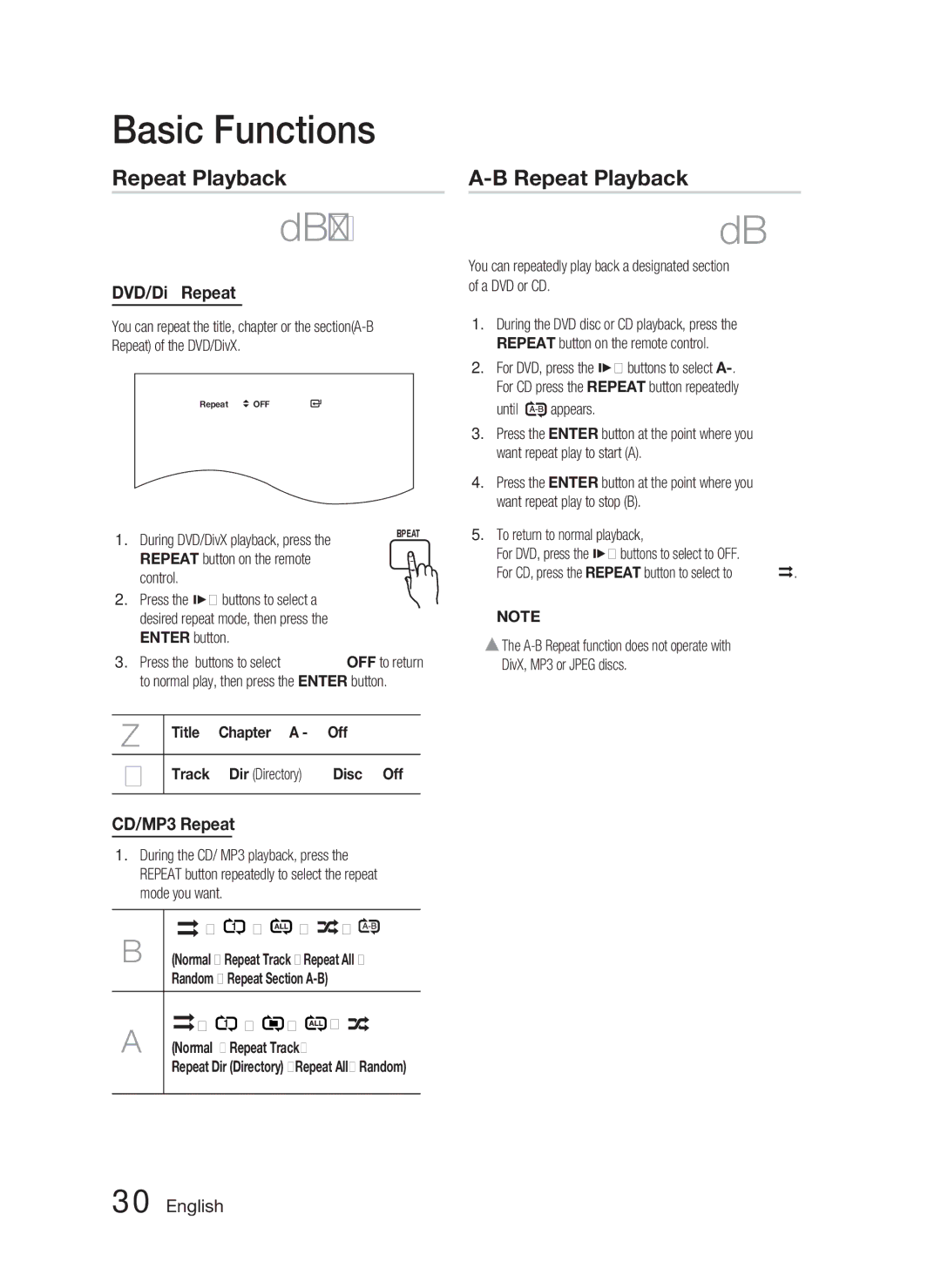 Samsung AH68-02259Q Repeat Playback, DVD/DivX Repeat, CD/MP3 Repeat, Title Chapter a Off Track Dir Directory Disc Off 