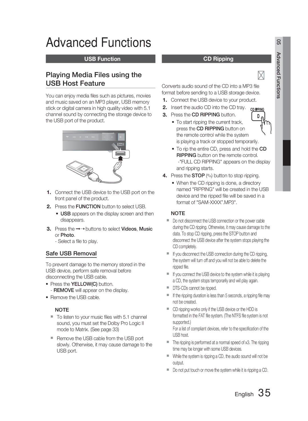 Samsung HT-C463-XAC user manual Playing Media Files using the USB Host Feature, USB Function, Safe USB Removal, CD Ripping 