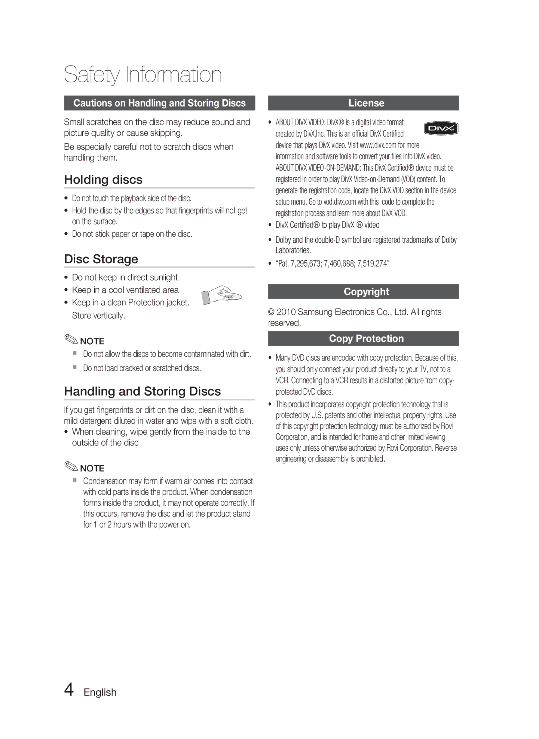 Samsung AH68-02259Q user manual Holding discs, Disc Storage, Handling and Storing Discs, License, Copyright Copy Protection 